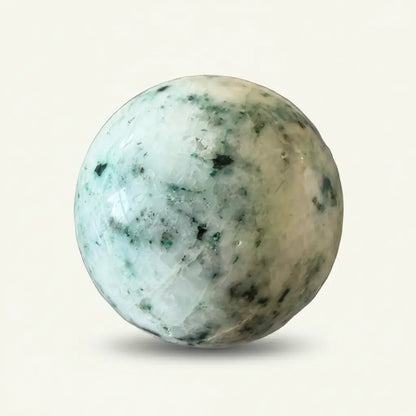 close-up chrysocolla in quartz sphere 