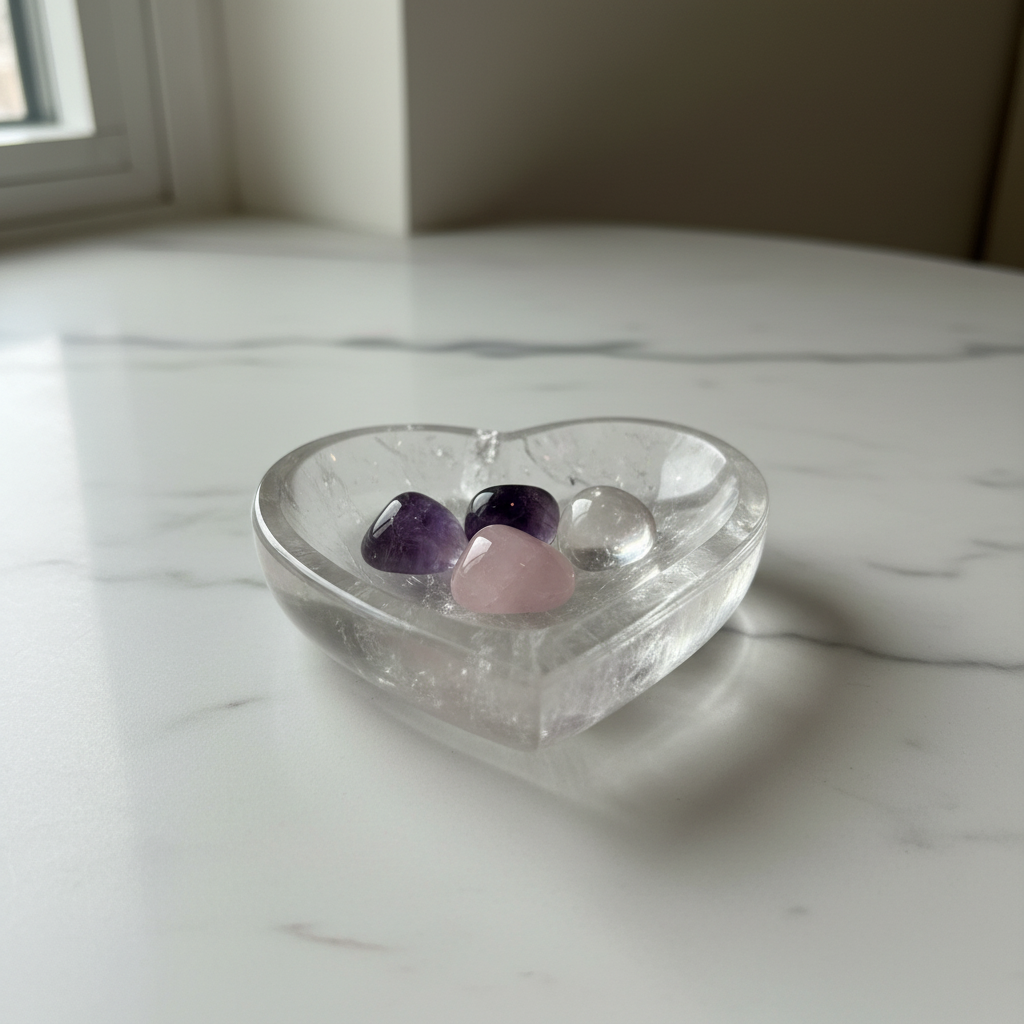 Clear Quartz Heart Bowl - Studio with Tumbles