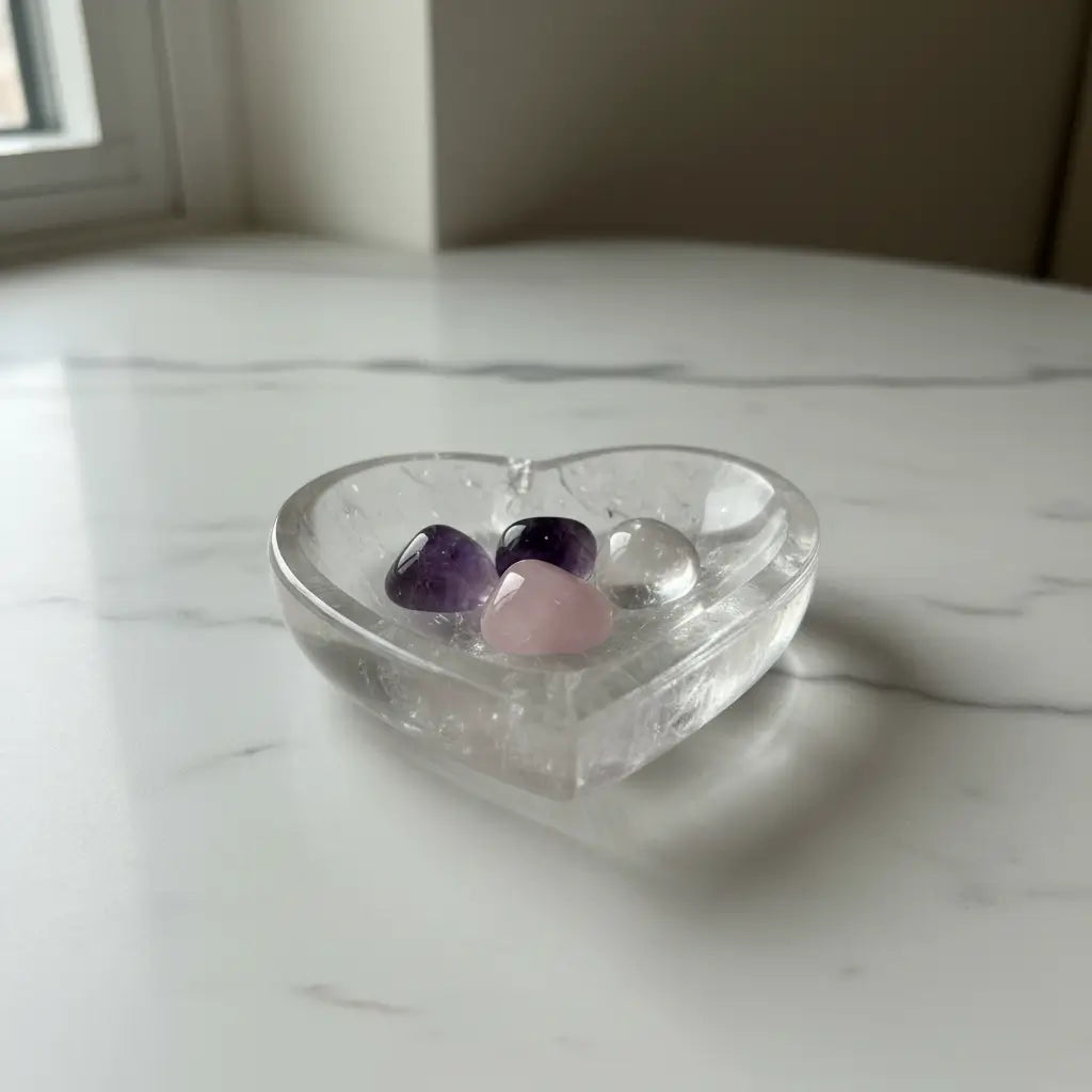 Clear Quartz Heart Bowl - Studio with Tumbles