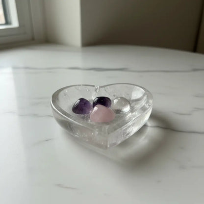 Clear Quartz Heart Bowl - Studio with Tumbles