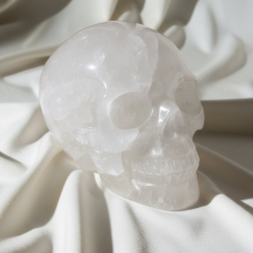 side view clear quartz skull with mineral inclusions
