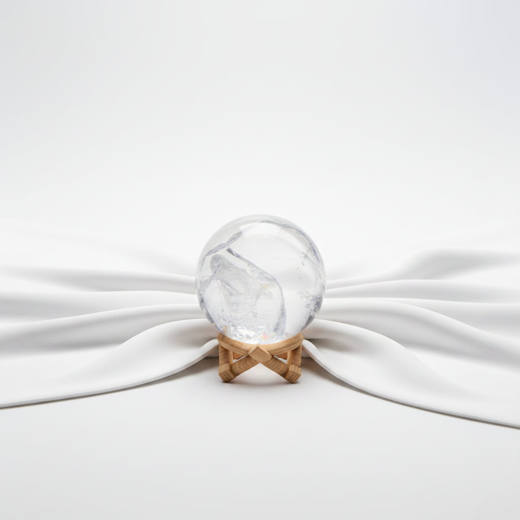 A clear quartz crystal sphere with a Y-shaped internal fissure, rainbow 