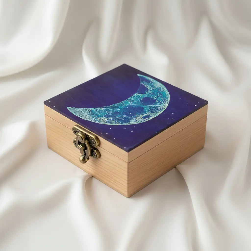 close up of crescent moon - hand painted keepsake wooden box 