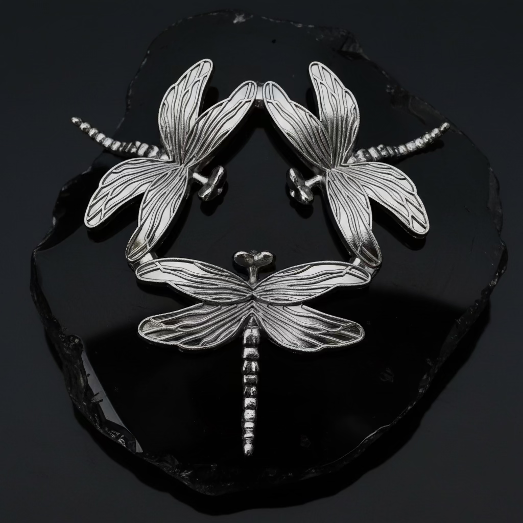 Close-up silvery dragonfly sphere display stand 