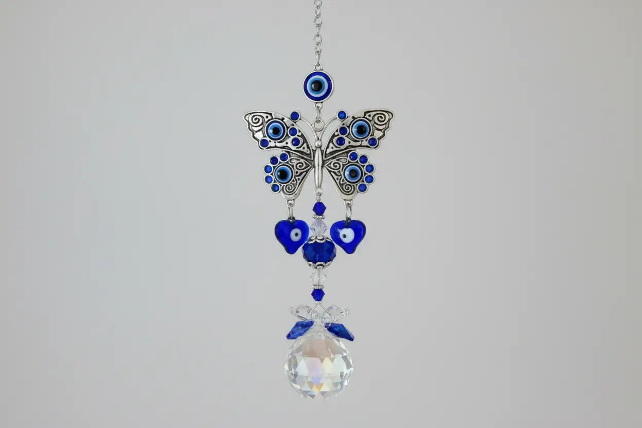 Blue Evil Eye Butterfly Crystal Suncatcher with Protective Energy, 14.2 in Hanging Decor