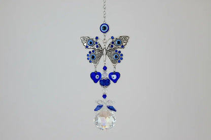 Blue Evil Eye Butterfly Crystal Suncatcher with Protective Energy, 14.2 in Hanging Decor