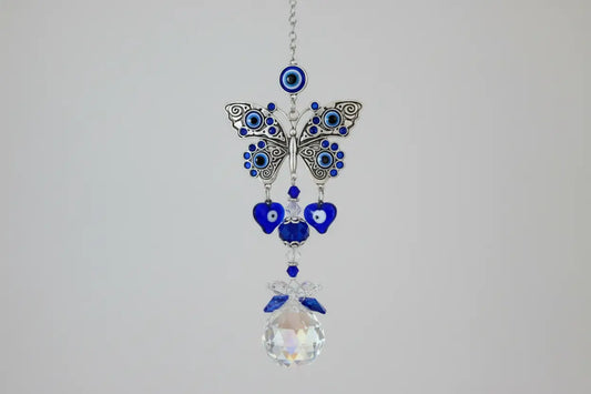 Blue Evil Eye Butterfly Crystal Suncatcher with Protective Energy, 14.2 in Hanging Decor