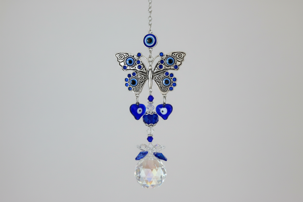 Blue Evil Eye Butterfly Crystal Suncatcher with Protective Energy, 14.2 in Hanging Decor
