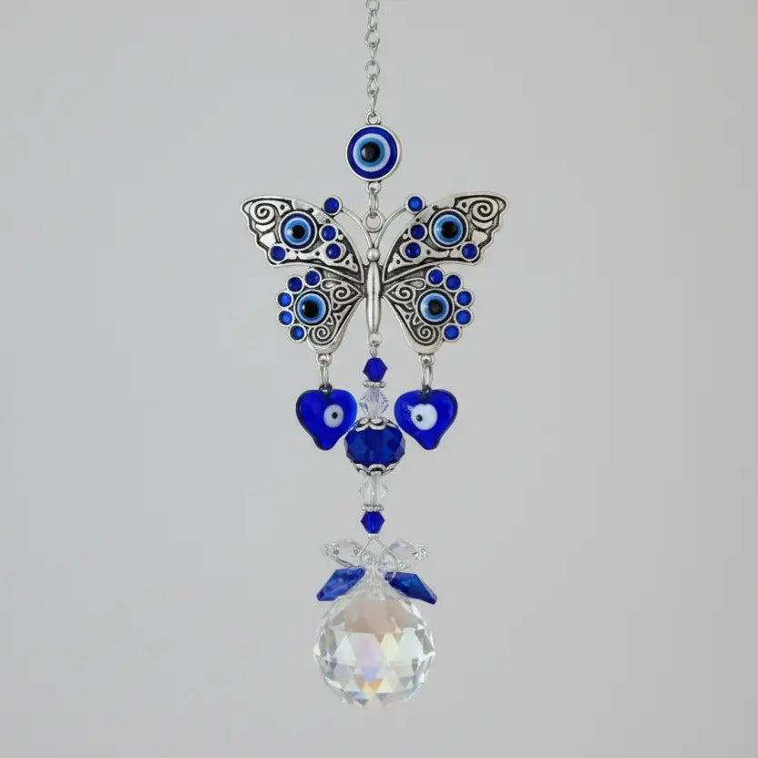 Blue Evil Eye Butterfly Crystal Suncatcher with Protective Energy, 14.2 in Hanging Decor
