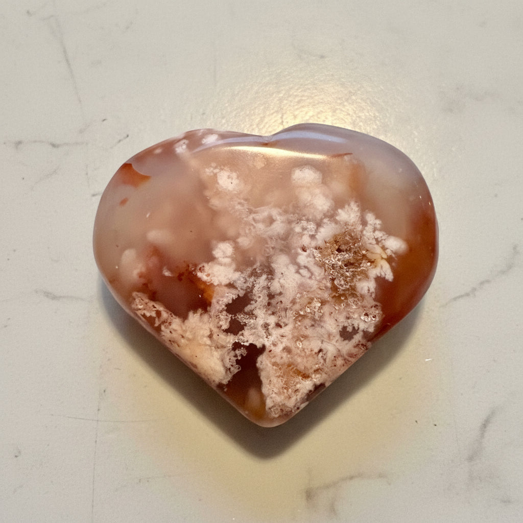 Flower agate hand carved heart 