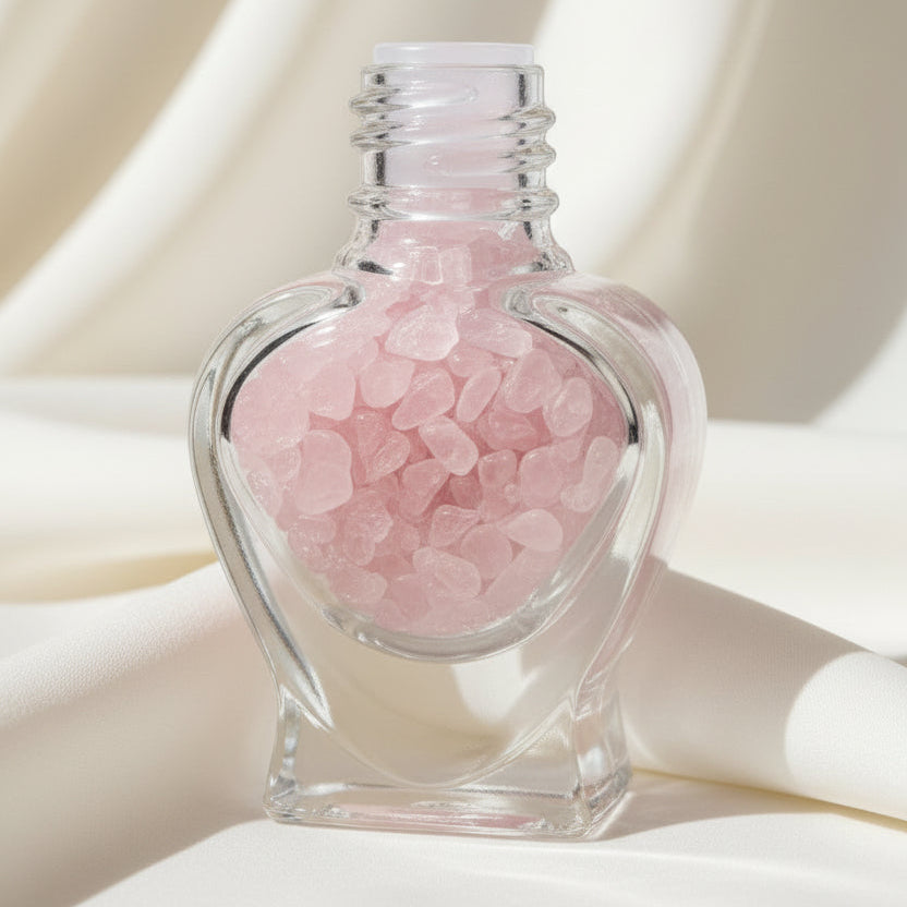 heart shaped wish bottle filled with rose quartz chips 
