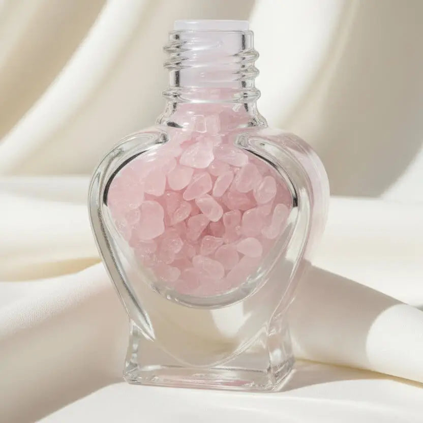 heart shaped wish bottle filled with rose quartz chips 