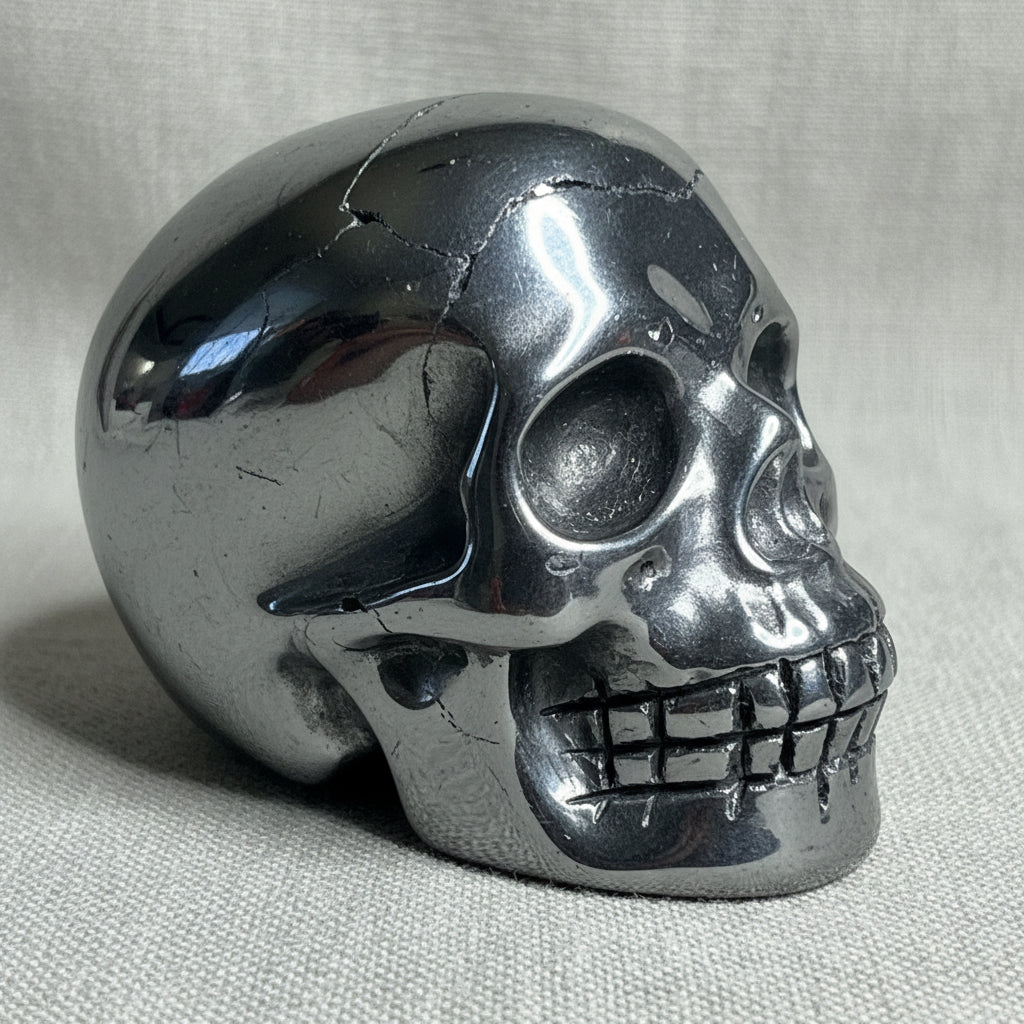 close up side view of hematite hand carved skull polished silver with parts 