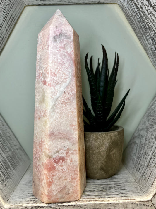 A pink crystal tower next to a potted succulent in a distressed white hexagonal frame.
