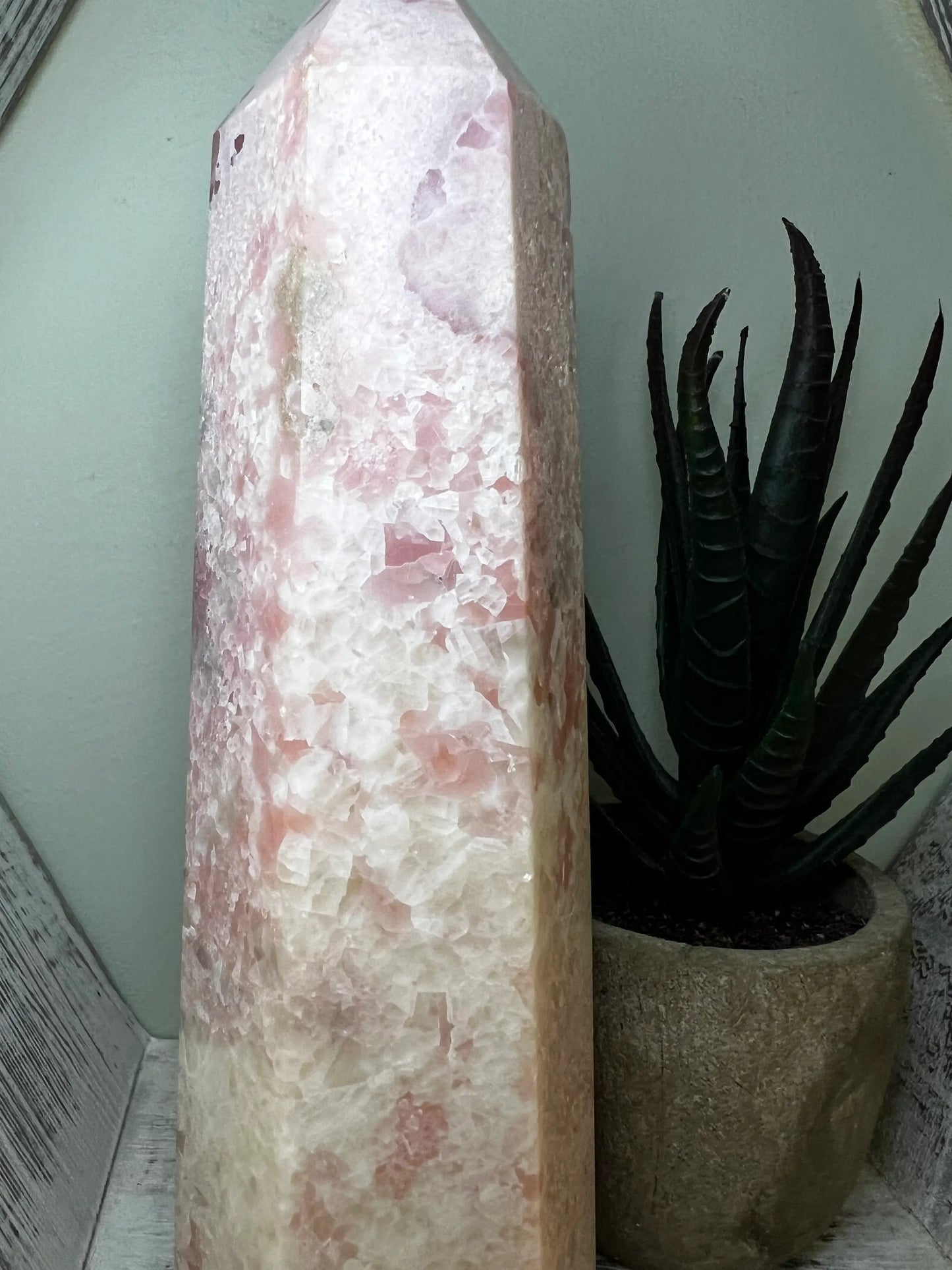 A tall, pink crystal tower next to a potted snake plant.
