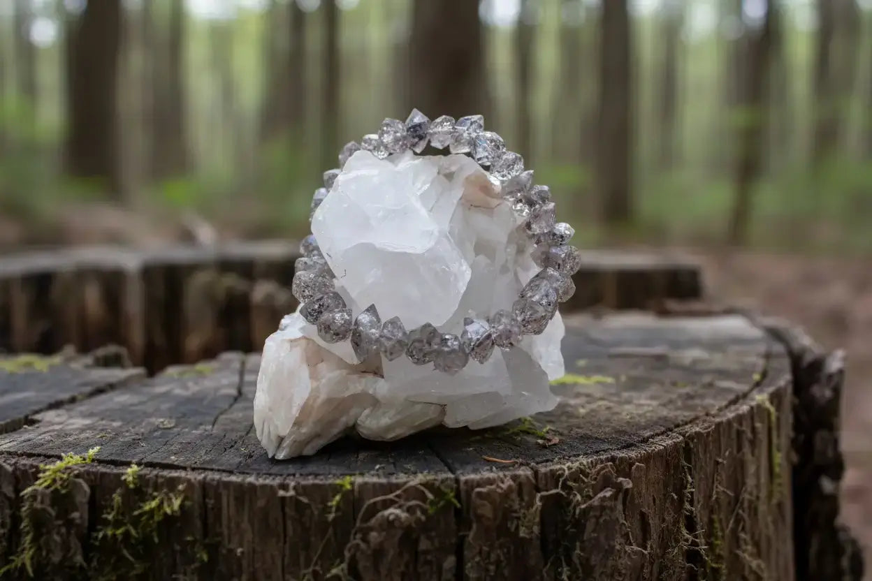 Herkimer Diamond Bracelet on a white rock displayed on a tree stump in the forest