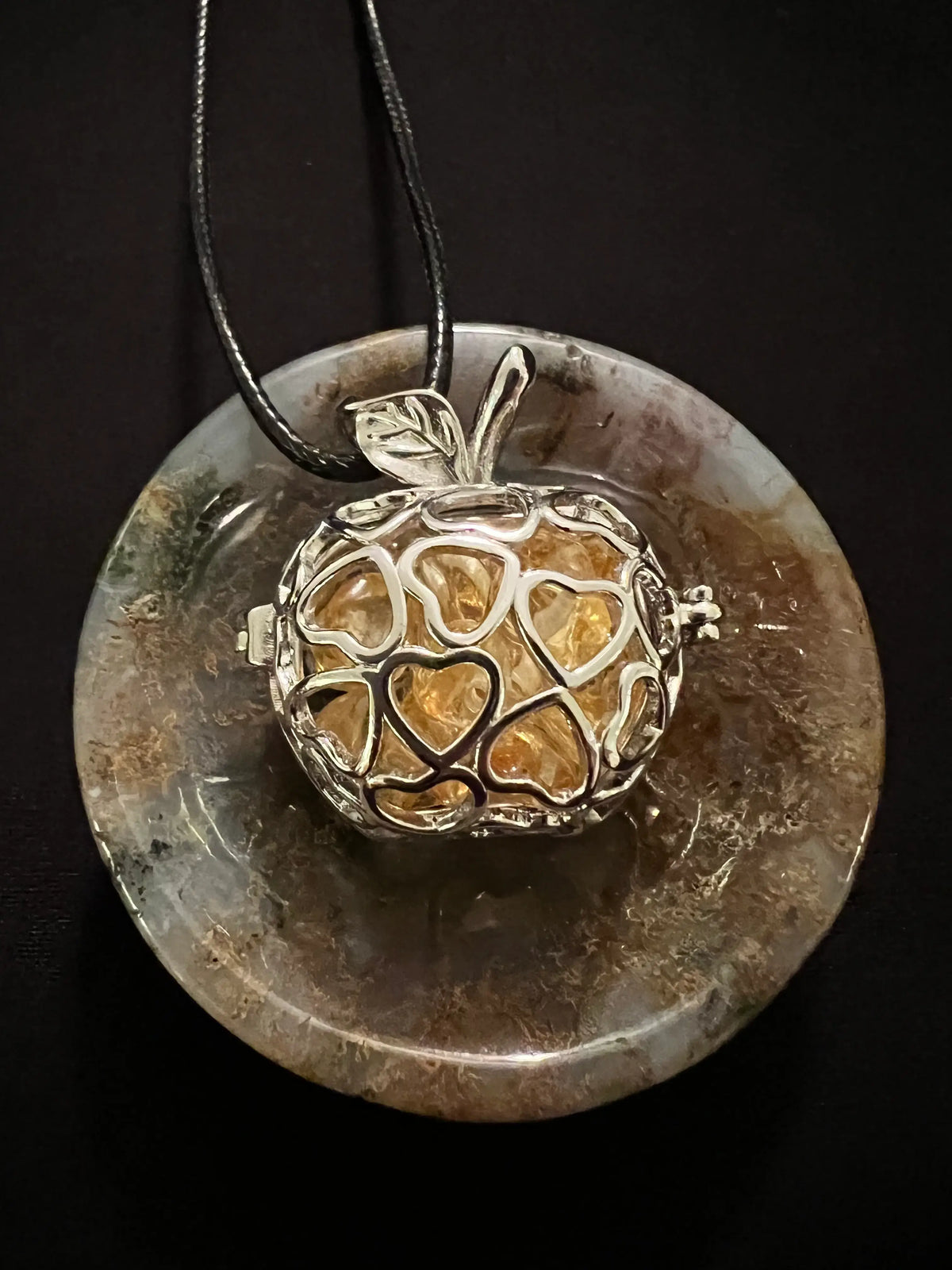Silver apple crystal cage pendant with Citrine chip center