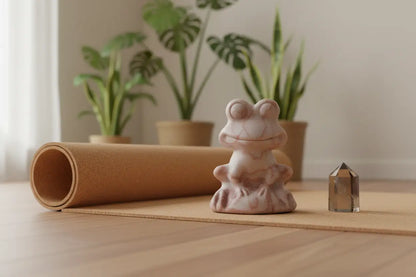 Red Network Jasper carved frog figurine on a yoga mat in a serene studio setting