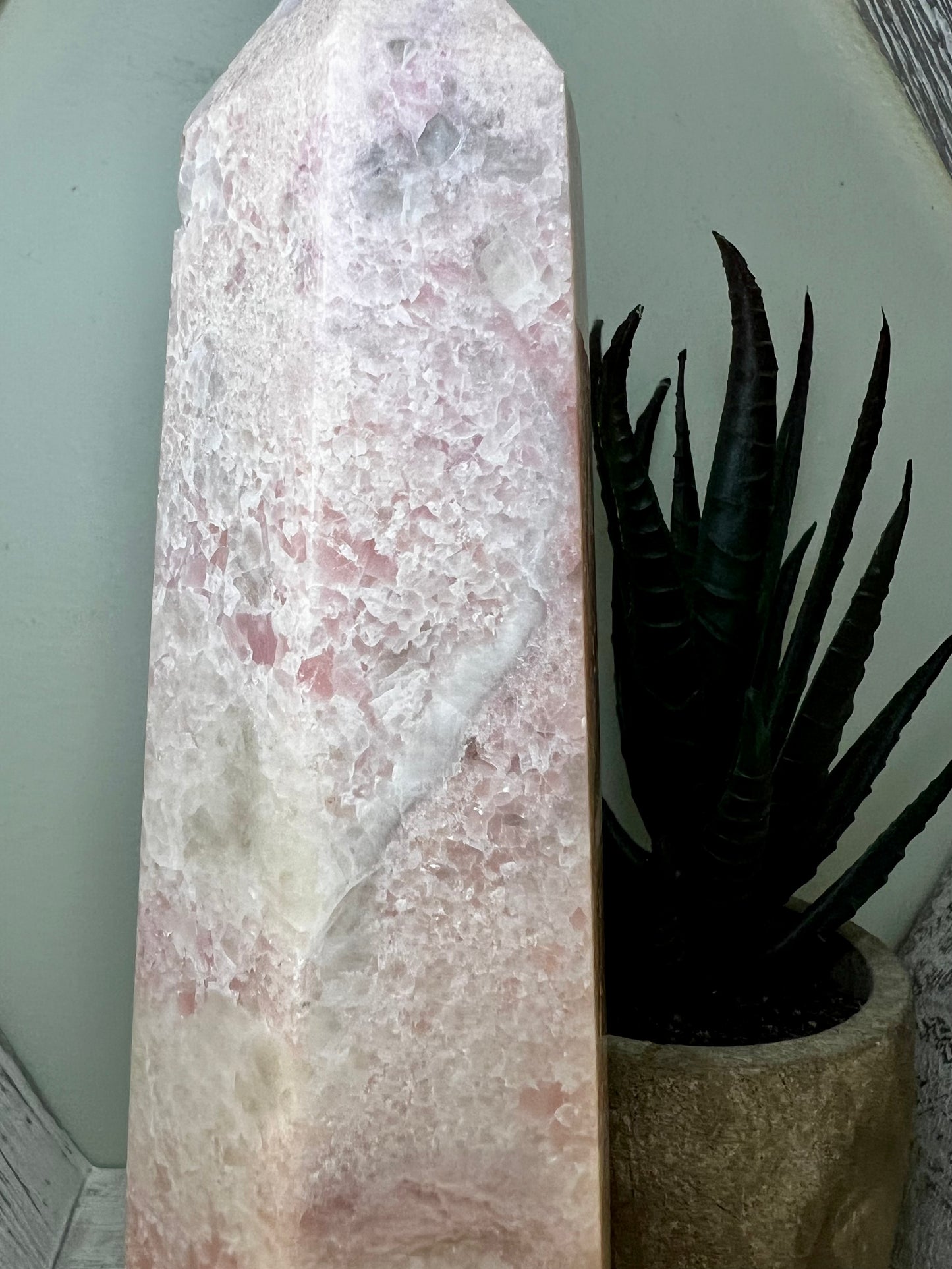 Close-up of a pink crystal obelisk next to a dark succulent in a textured tan pot.