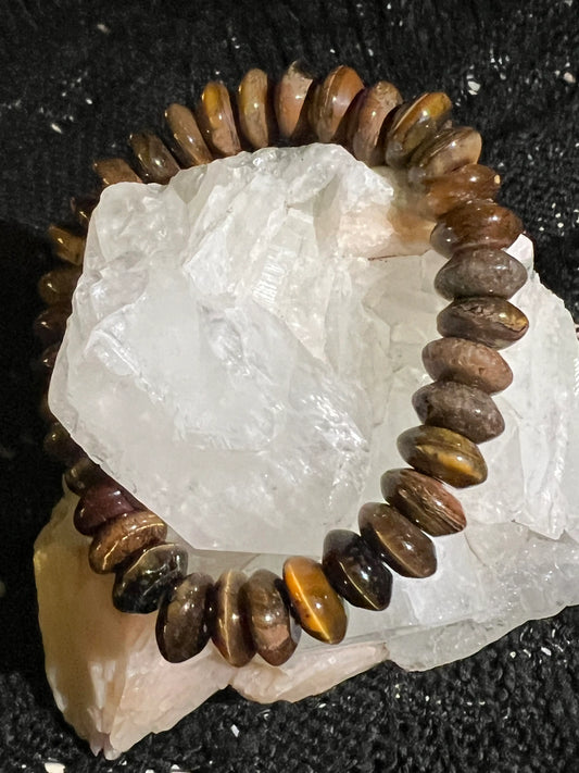 Tigers Eye flat round bead bracelet front view