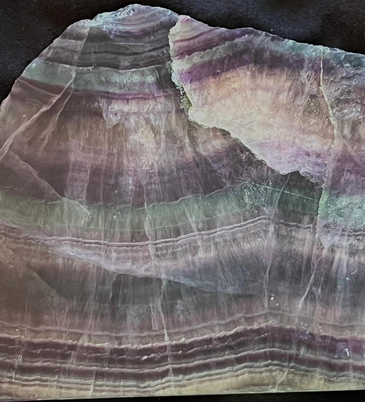 Polished slab of rainbow fluorite with banded patterns in purple, green, and clear hues.
