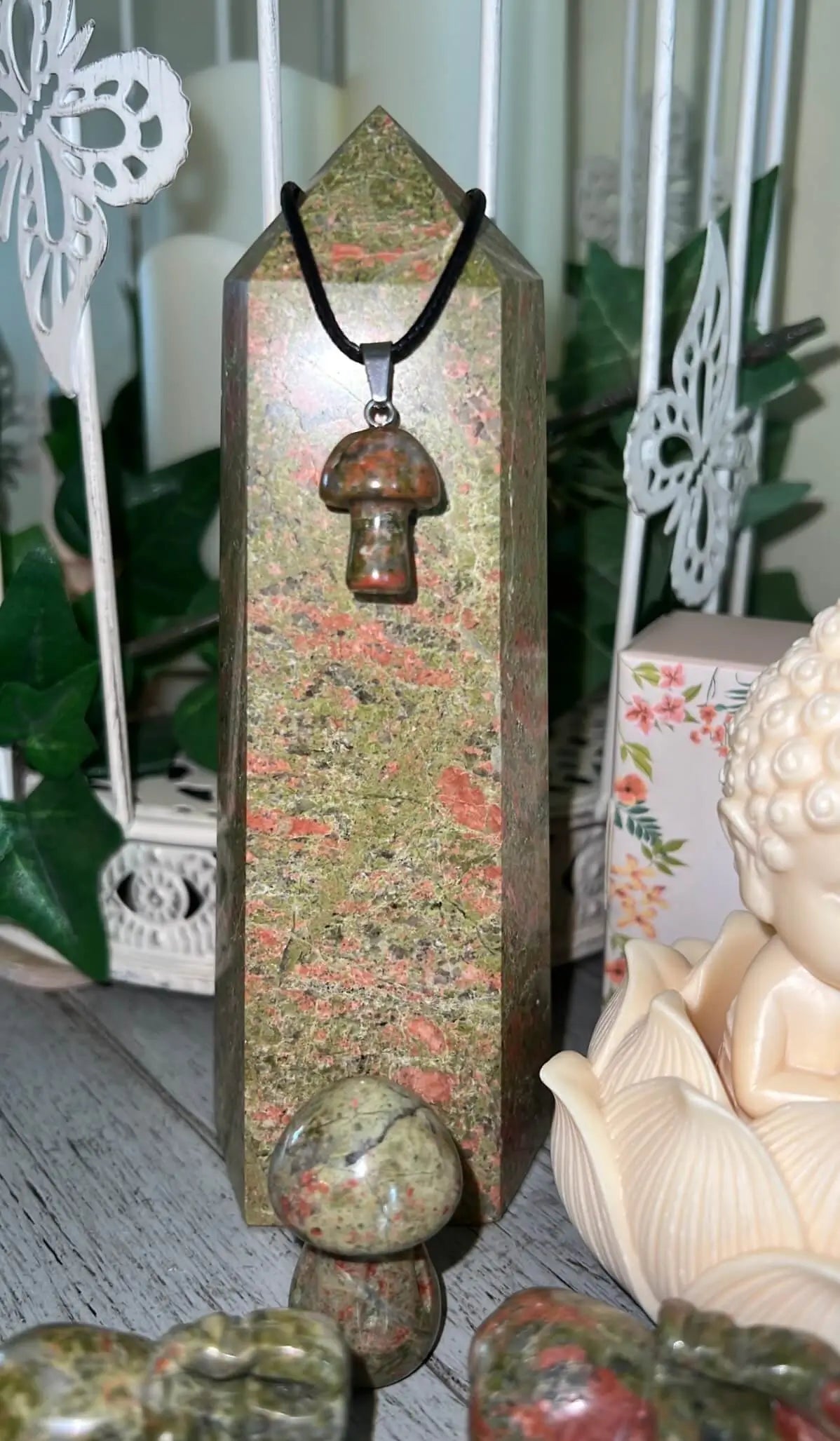 Unakite Elephant Parade set with Buddha and mushroom pendant