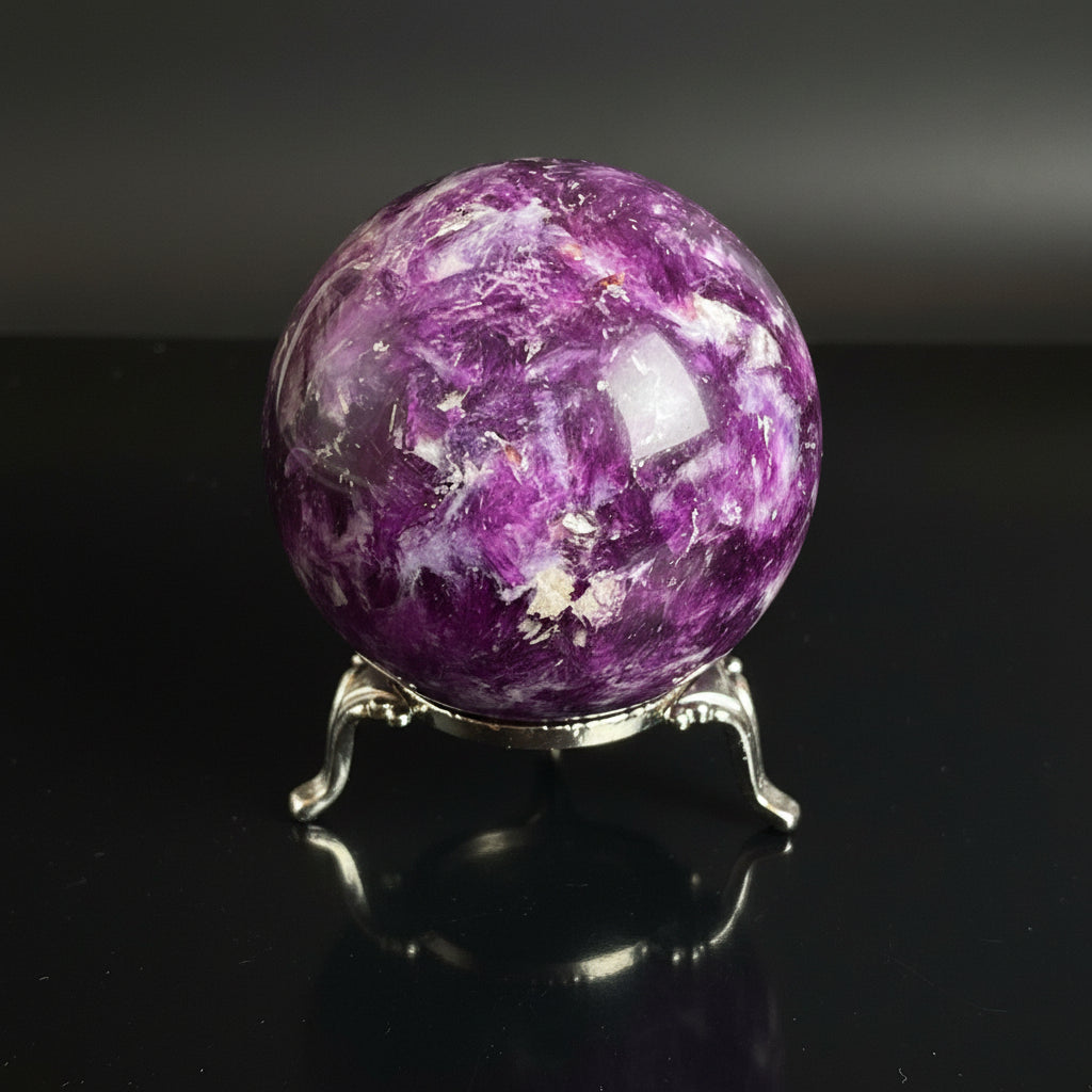 close up of lepidolite sphere showing mica and dark purples 