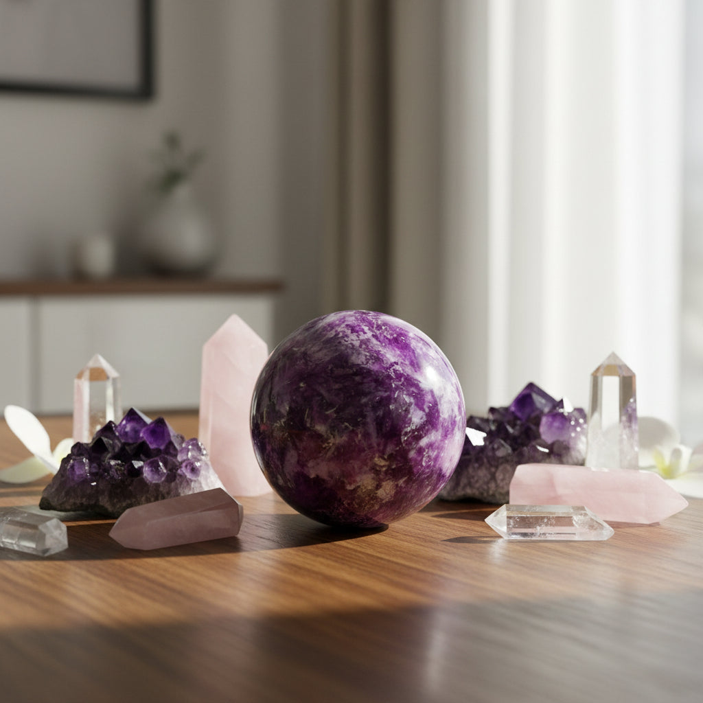 close up of lepidolite sphere showing dark purples and mica refraction 