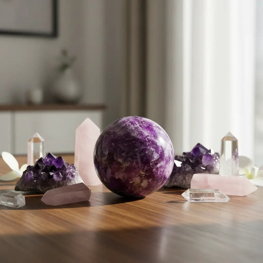 close up of lepidolite sphere showing dark purples and mica refraction 