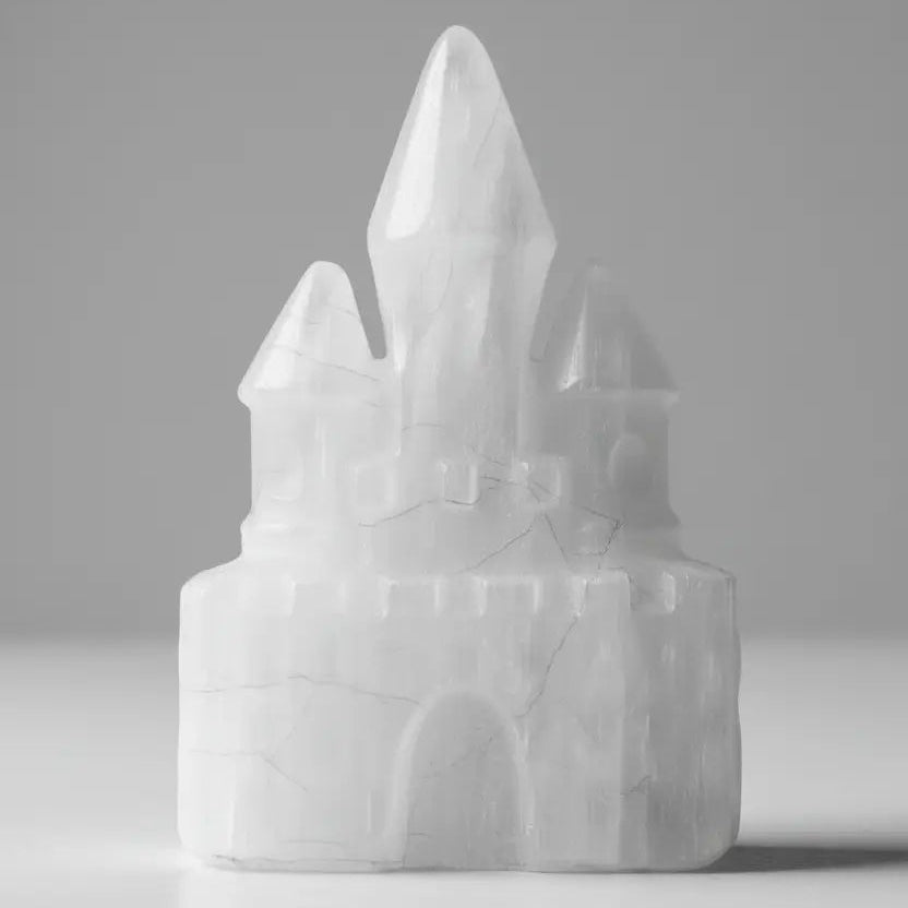 Carved castle milky quartz photo on a white background