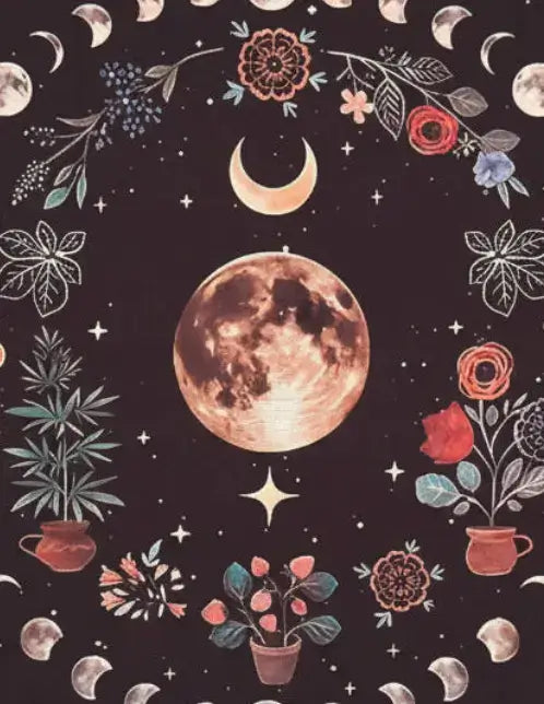 A dark celestial pattern featuring a large central moon, smaller crescent moons, stars, floral motifs, botanical leaves, and potted plants in muted red, teal, cream, and coral tones on a very dark brown or near-black background.