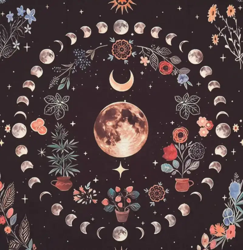 close up moon phase altar cloth. background is charcoal gray, moon centered and surround by a ring of plants, with an outer ring of moon phases 