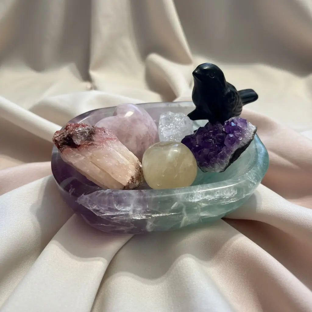 Emotional Support & Anxiety Relief Crystal Set displayed in Fluorite Bowl with Black Obsidian Bird, Lepidolite Heart, Amethyst, Citrine, Clear Quartz and Golden Healer