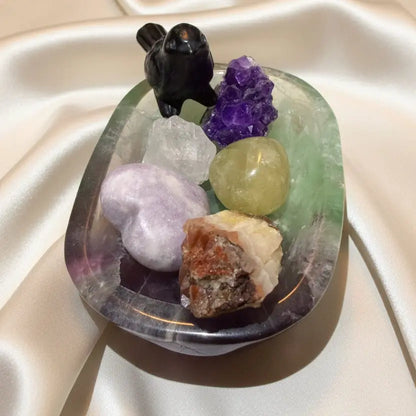 Emotional Support & Anxiety Relief Crystal Set displayed in Fluorite Bowl with Black Obsidian Bird, Lepidolite Heart, Amethyst, Citrine, Clear Quartz and Golden Healer