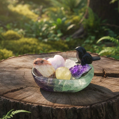 Emotional Support & Anxiety Relief Crystal Set displayed in Fluorite Bowl with Black Obsidian Bird, Lepidolite Heart, Amethyst, Citrine, Clear Quartz and Golden Healer