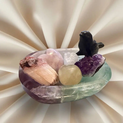 Emotional Support & Anxiety Relief Crystal Set displayed in Fluorite Bowl with Black Obsidian Bird, Lepidolite Heart, Amethyst, Citrine, Clear Quartz and Golden Healer