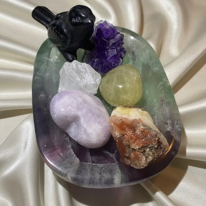  Emotional Support & Anxiety Relief Crystal Set displayed in Fluorite Bowl with Black Obsidian Bird, Lepidolite Heart, Amethyst, Citrine, Clear Quartz and Golden Healer