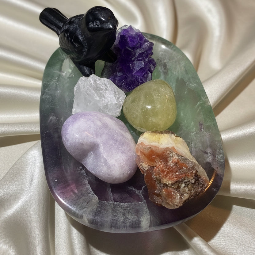  Emotional Support & Anxiety Relief Crystal Set displayed in Fluorite Bowl with Black Obsidian Bird, Lepidolite Heart, Amethyst, Citrine, Clear Quartz and Golden Healer
