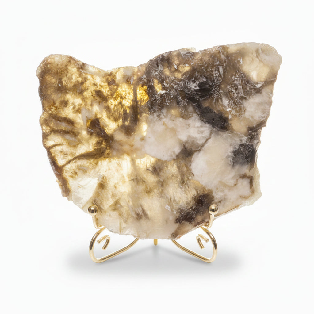 Muscovite slab with shimmer colors browns eggshell and tan. 
