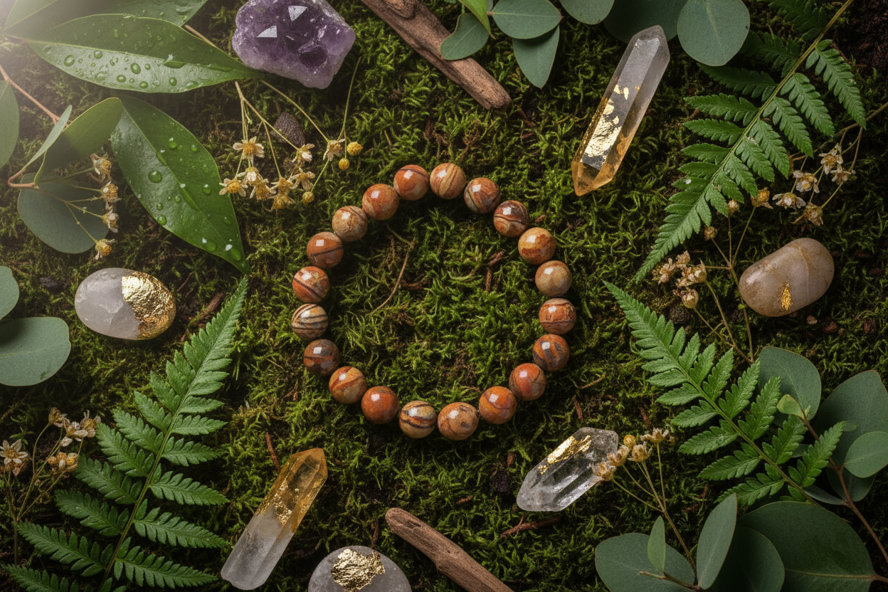 Picture Jasper stretch bracelet with 8mm round beads on botanical background
