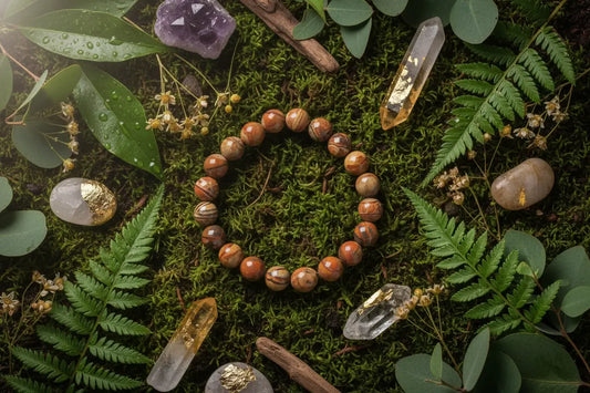 Picture Jasper stretch bracelet with 8mm round beads on botanical background