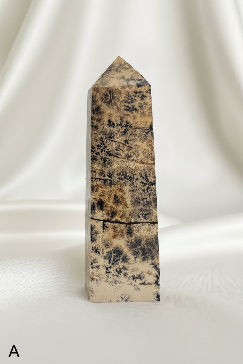 photo of picture jasper tower showing banding and dendritic inclusions brown, black tans and soft off white colors