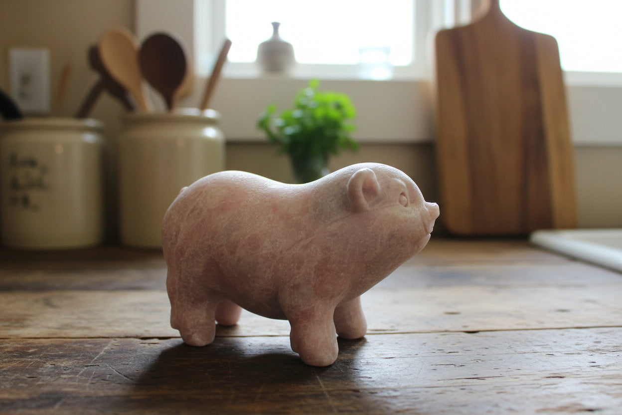 A pink calcite figurine of a pig made from actual crystal, standing on a country kichen counter 