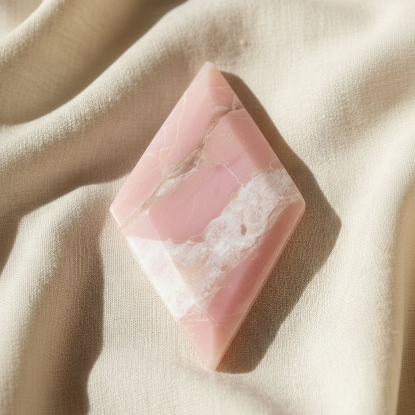 close up of pink opal carving diamond shape