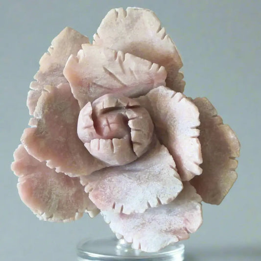Pink Opal Peony Blossom carved crystal flower sculpture