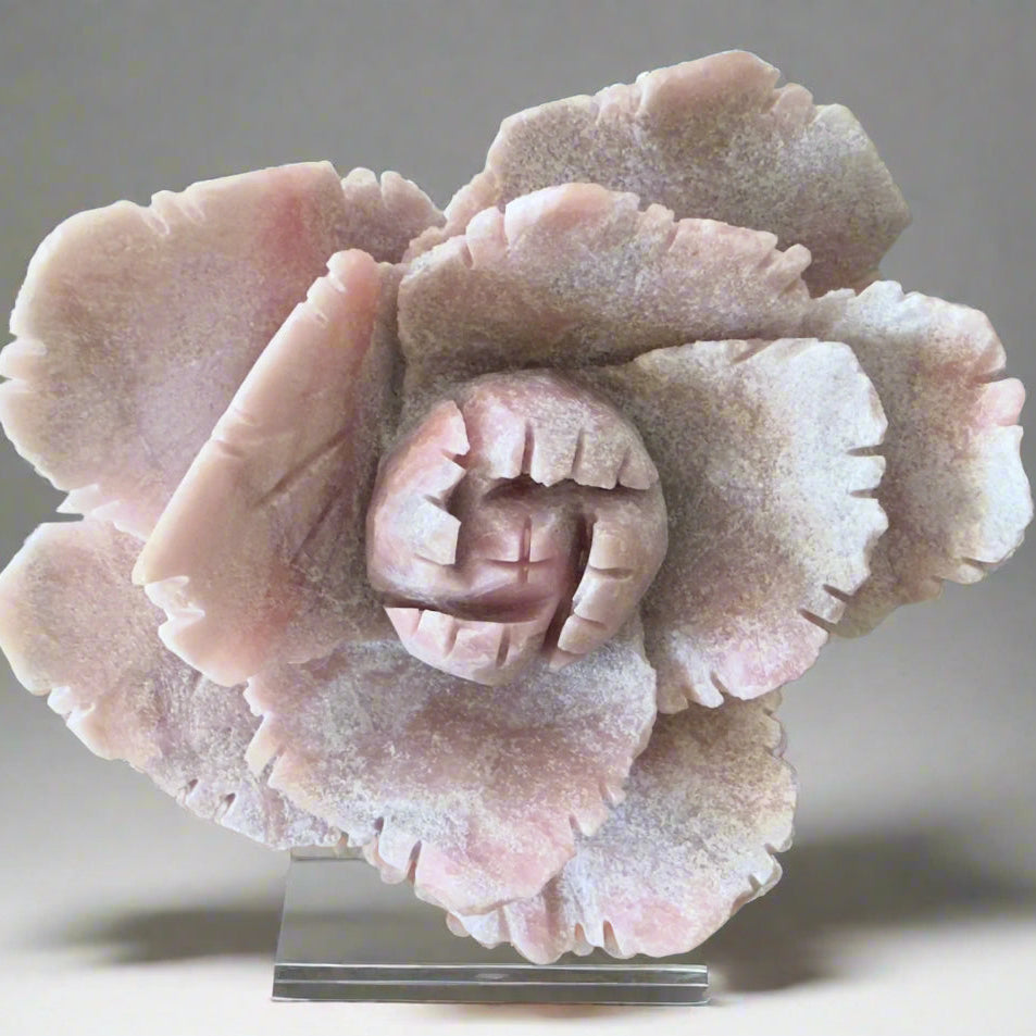 Pink Opal peony blossom crystal flower carving