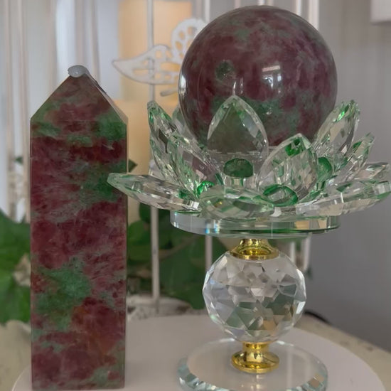 Ruby Zoisite Tower and Sphere on a Glass Lotus Display stand mainstreetcrystals