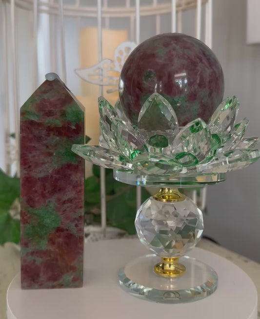 Ruby Zoisite Tower and Sphere on a Glass Lotus Display stand mainstreetcrystals