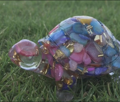 Skittle Turtle Carnival Glass – Rainbow Resin Stone Chip Pocket Totem Wt 0.92 oz