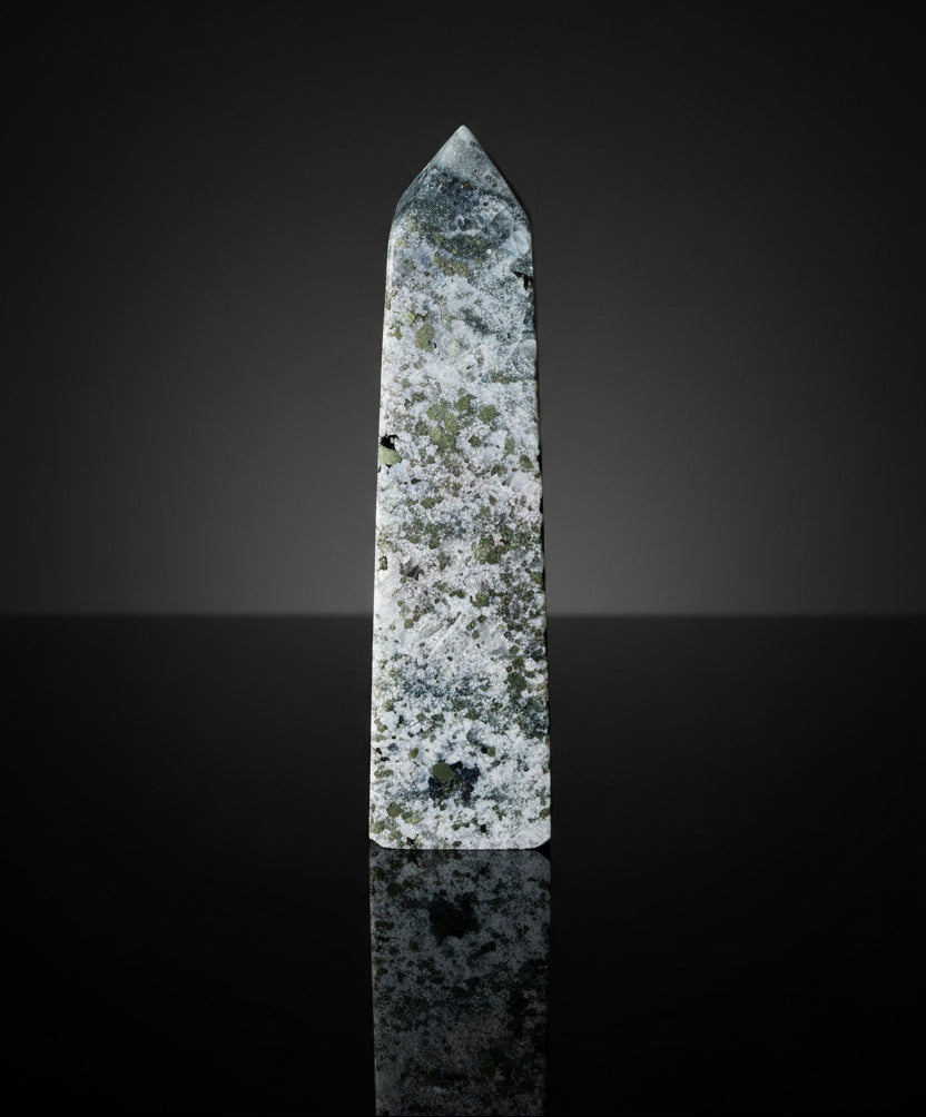 close up pyrite tower showing blues and silver colors
